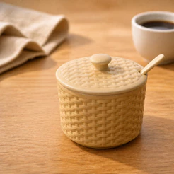 Açucareiro De Porcelana Com Tampa E Colher Rattan 290ml Hauskraft Premium