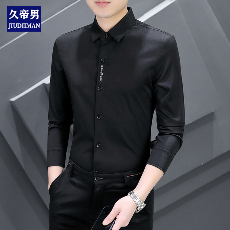 Primavera camisa de manga comprida masculina fino ajuste versão coreana negócios Casual camisa preta masculina na moda b