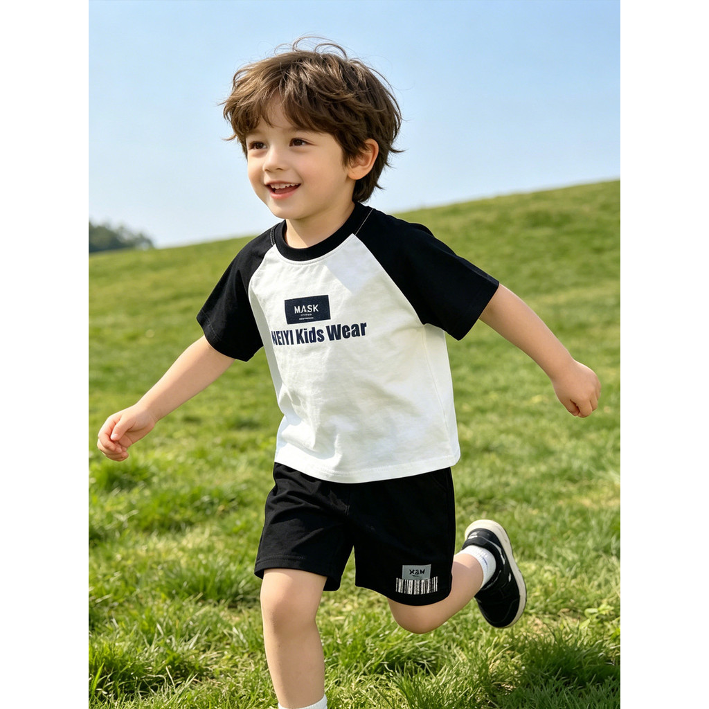 Meninos fino terno de manga curta crianças puro algodão Casual cor-bloqueio camiseta pequeno médio crianças Shorts espor