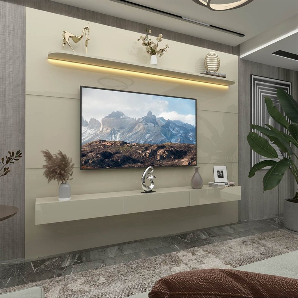 Painel para TV até 90 Polegadas 100% MDF com LED 219CMX195CM 1 Prateleira Royal Branco Off White