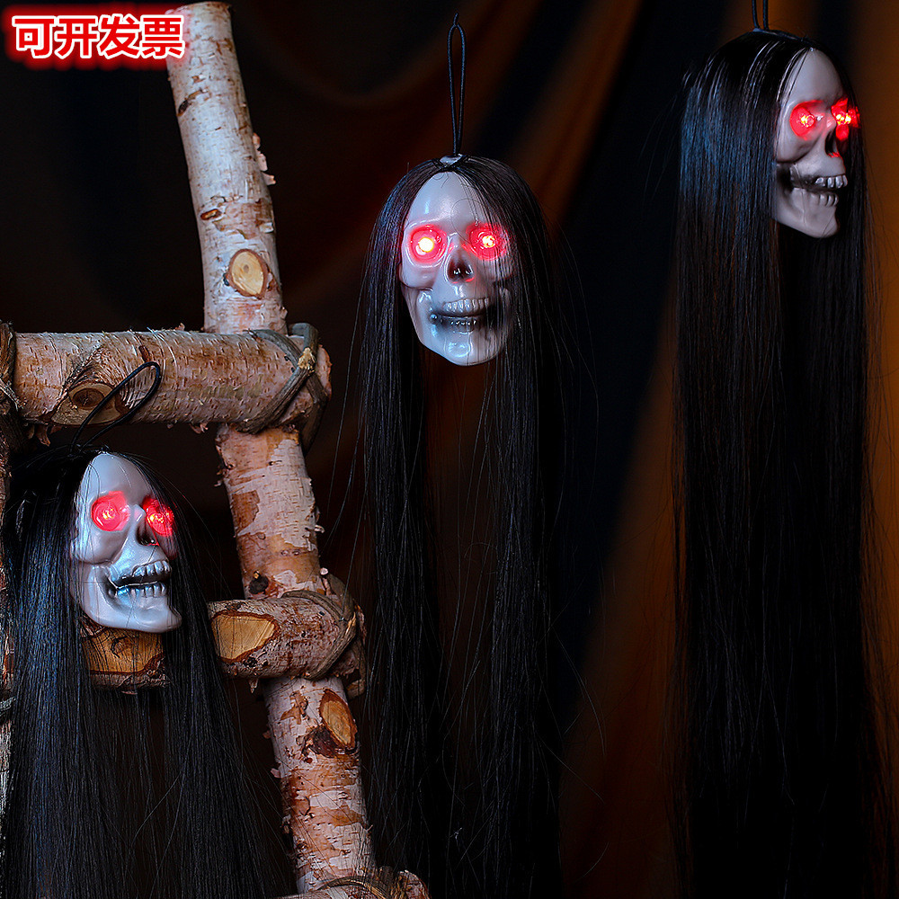 Nova decoração de Halloween brilhante cabelo longo crânio atmosfera pendurado câmara fantasma casa assombrada vista Layo