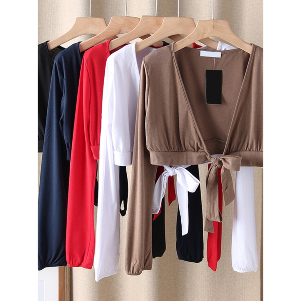 2025 novo produto cor sólida estilo xale profundo decote em V frente atada estilo fino Cardigan de manga comprida multic