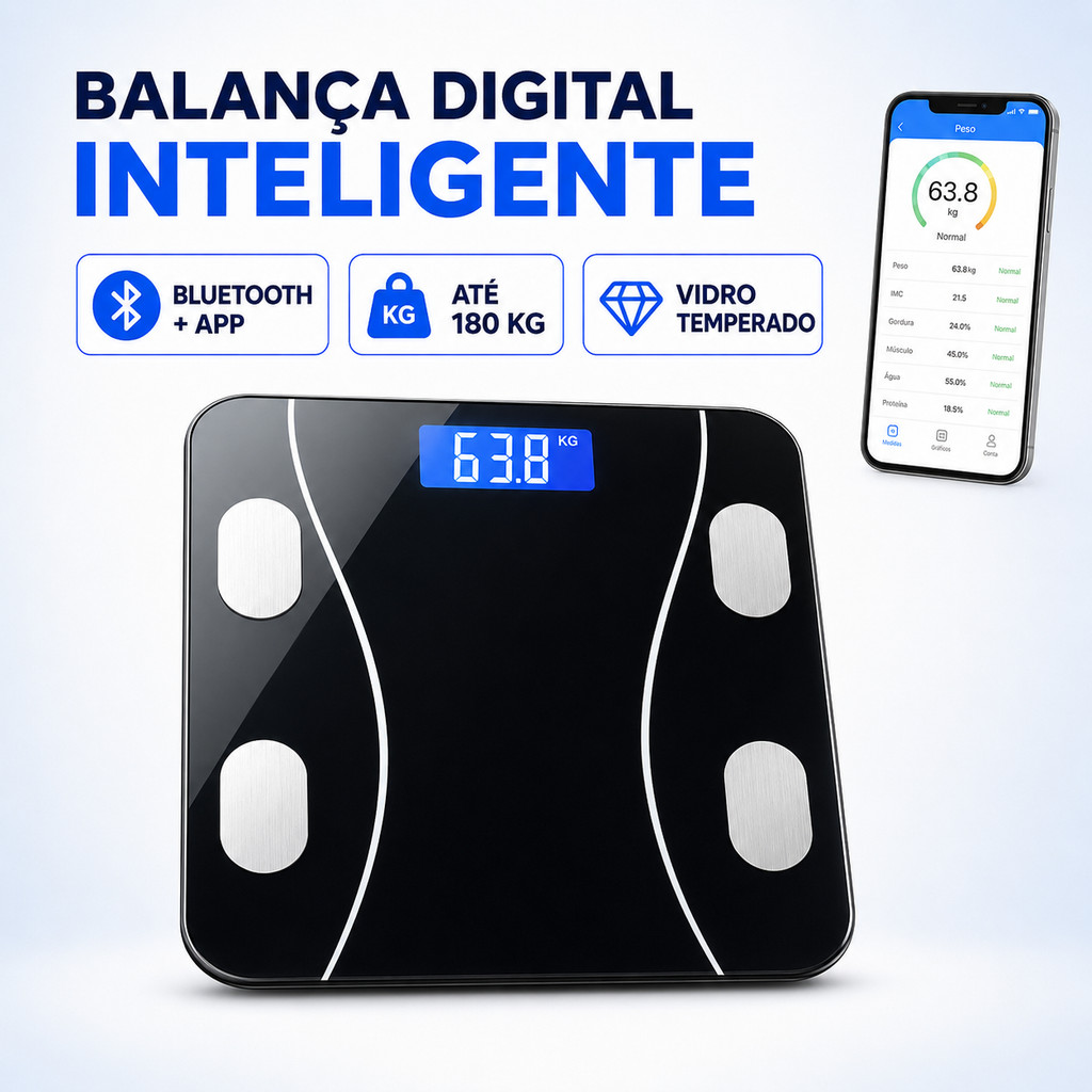 Balança Corporal Digital Inteligente Bluetooth com App Vidro Temperado até 180kg