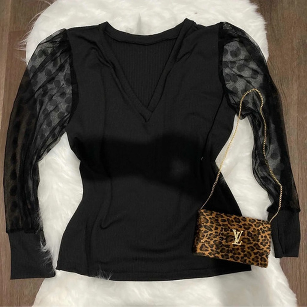 Blusa Plus Size Manga Longa Bufante Princesa Tule Poá Carabina Jeans Feminina Malha Canelada Outono Inverno