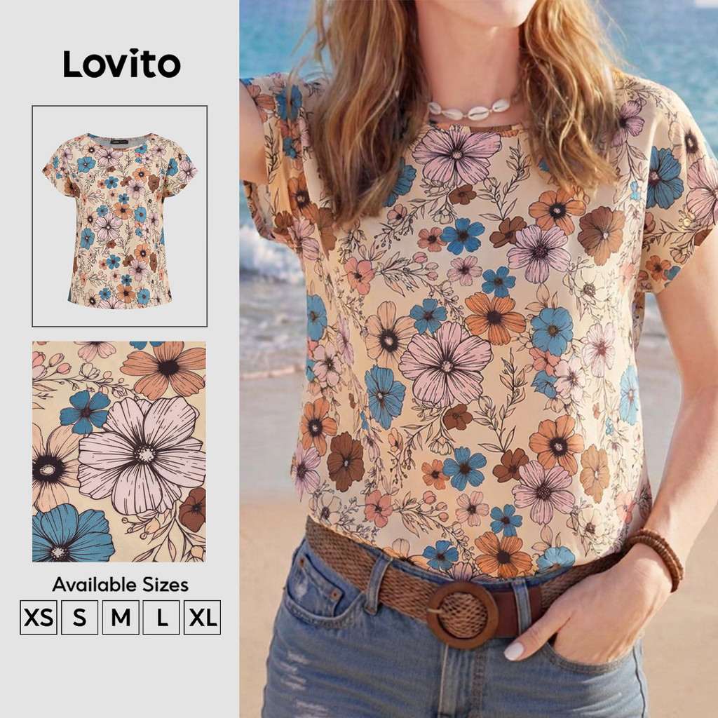 (New Arrival) Lovito Blusa Feminina Elegante Floral De Manga Curta Gola Redonda Casual Primavera/verão Trabalho BLB202P2D455