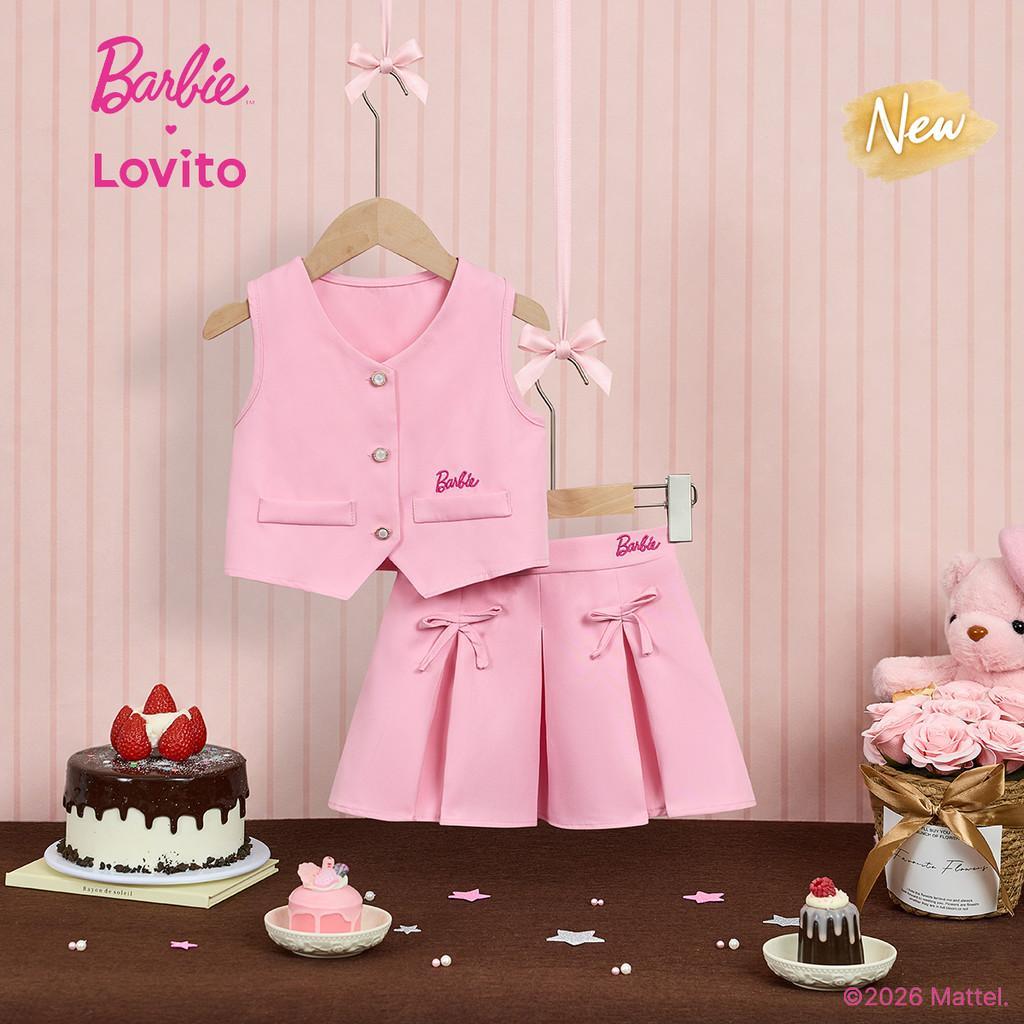 (New Arrival) Barbie™ X Lovito Kids Conjuntos Casuais De Saia Bordado Com Botões E Laço Primavera/verão Rosa Conjuntos De Saia Para Meninas KSBL6PAD037