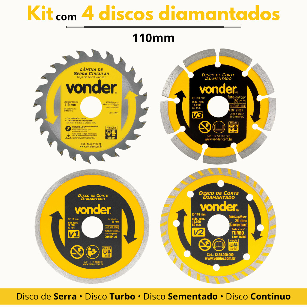 Kit com 4 Discos de Corte Vonder 110mm: Serra Circular + Diamantados V1 V2 V3