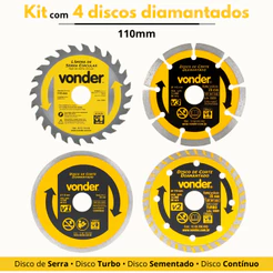 Kit com 4 Discos de Corte Vonder 110mm: Serra Circular + Diamantados V1 V2 V3