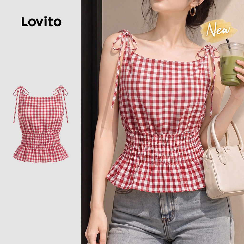(New Arrival) Lovito Top Vermelho Para Mulheres Elegante Sem Mangas Gola Quadrada Smocked Barra Com Babado Primavera Verão Trabalho Estampa Xadrez TKB201P1D254