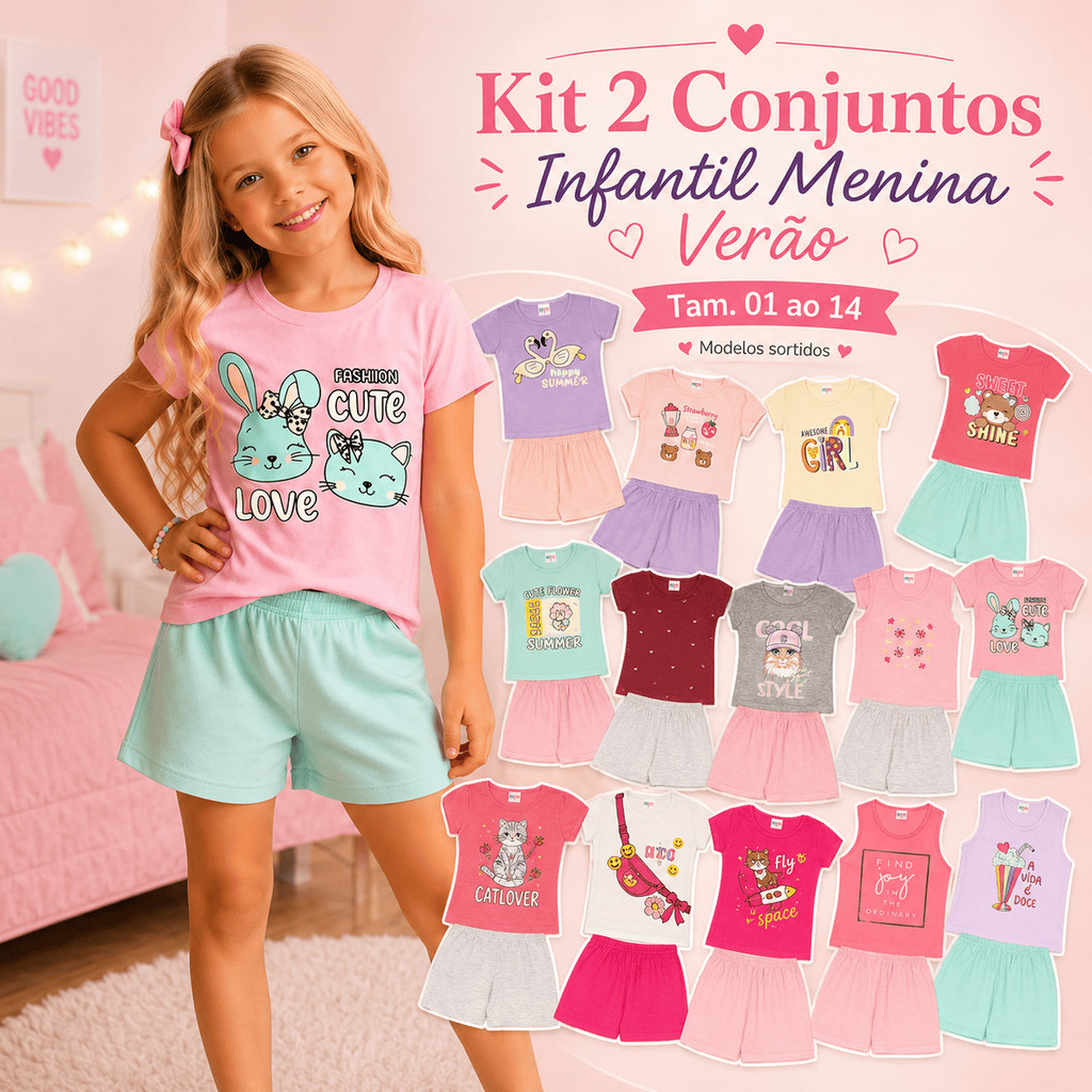 Kit 2 Conjuntos Infantis Menina Verão Blusa Algodão Short Moletinho Estampas Sortidas 01 ao 14 Anos