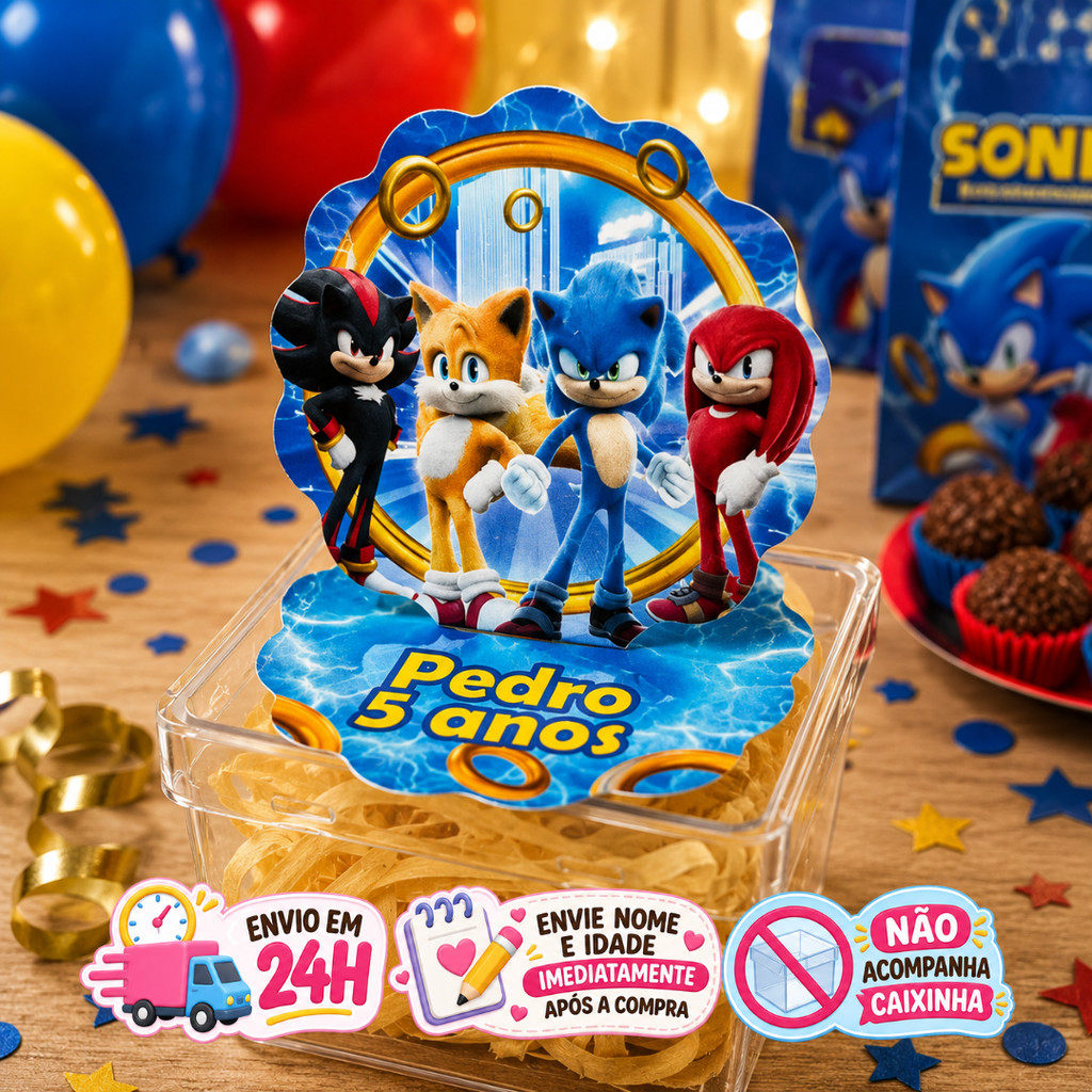 Aplique em Pé 3D Sonic Personalizado Lembrancinha Festa Infantil Kit 10 a 50 unidades