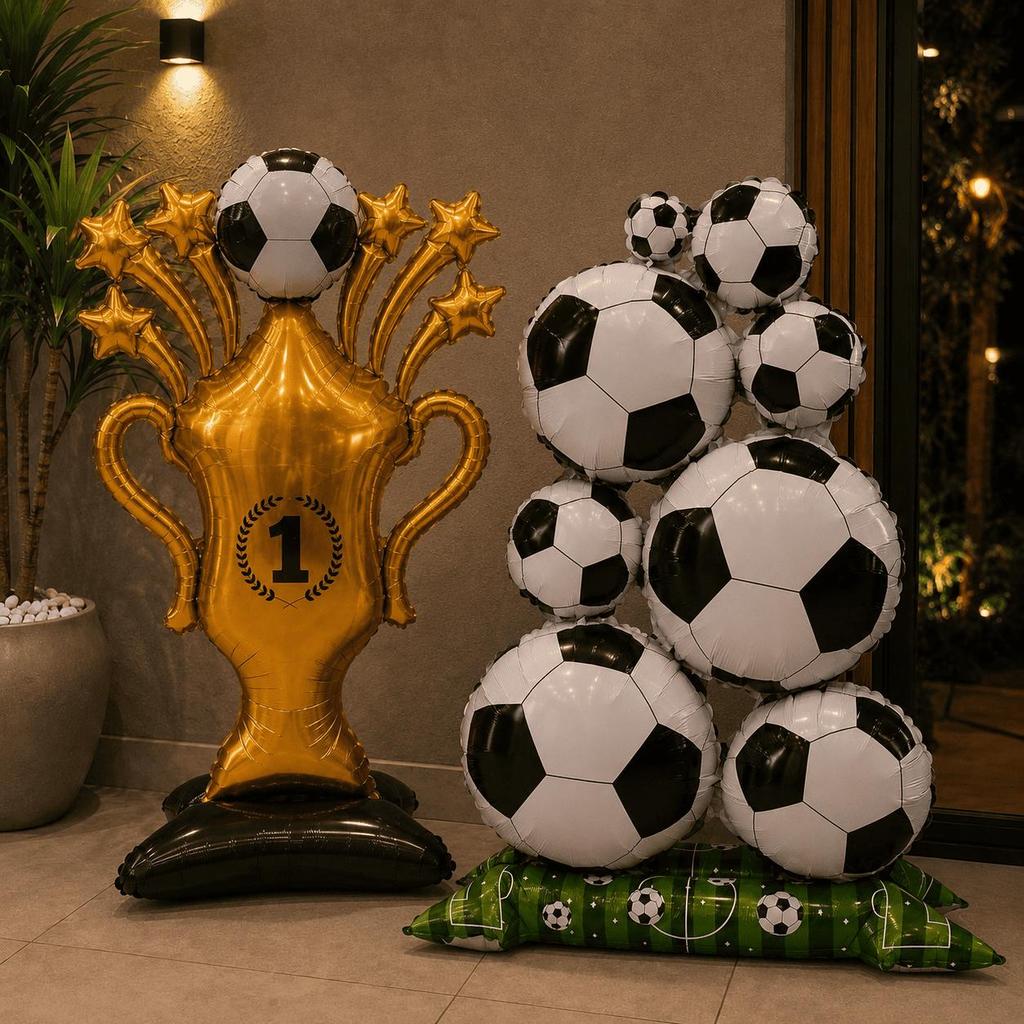 Kit Balão Decoração Futebol Troféu Gigante Bolas Festa Aniversário Tema Campeão Taça Dourada