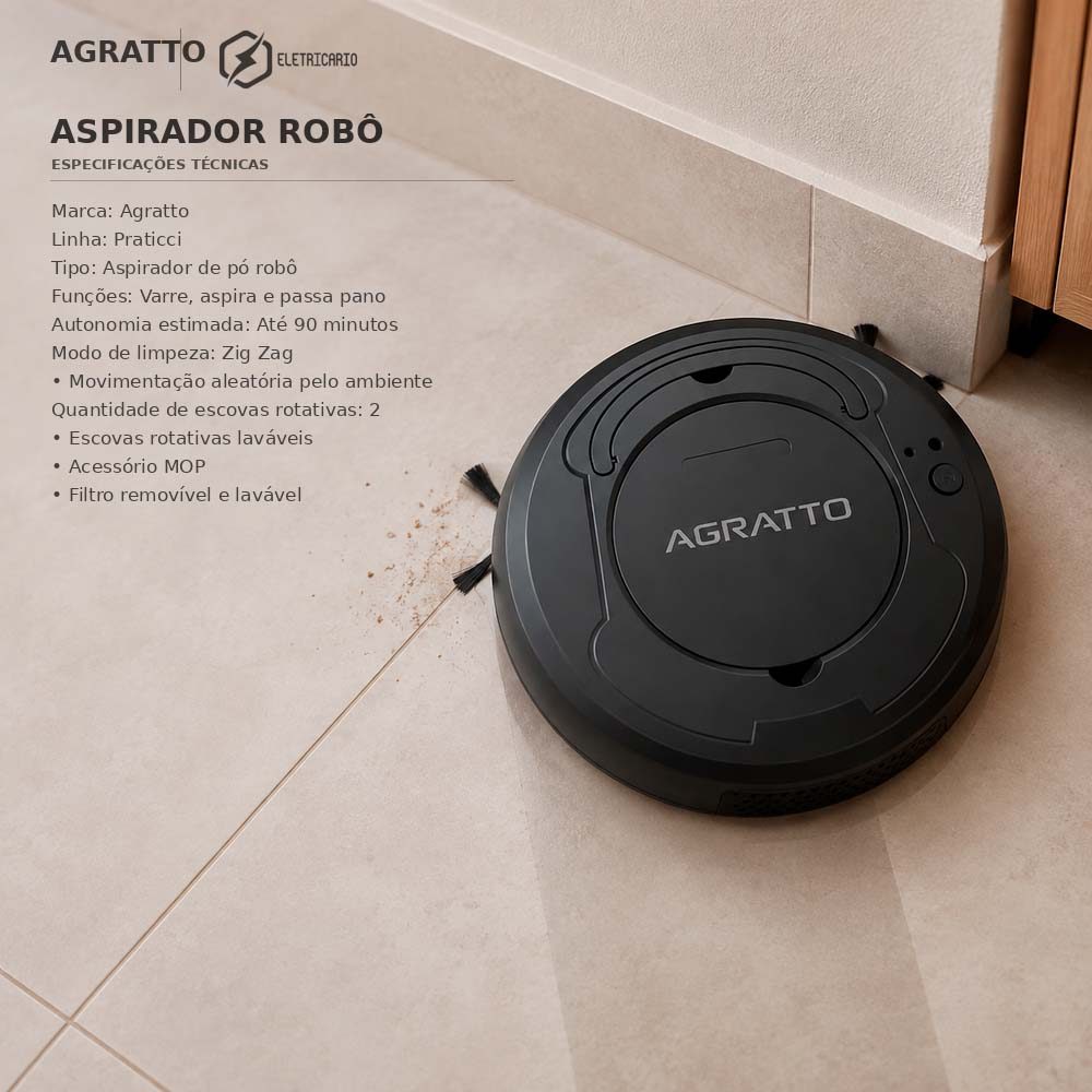 Aspirador de Pó Robô Agratto Praticci 3 em 1 3W Preto 2 Escovas Rotativas Rodas Emborrachadas — imagem 2 de 2