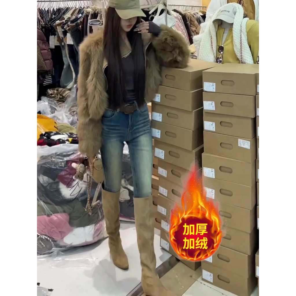 Retro azul escuro velo-velo Jeans feminino quente menina Hip-Lifting pequeno pé botas calças inverno magro