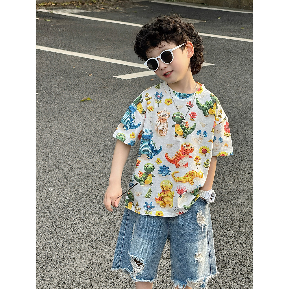 Meninos camiseta de manga curta 2026 novo estilo crianças verão versão coreana impressão completa dinossauro dos desenho
