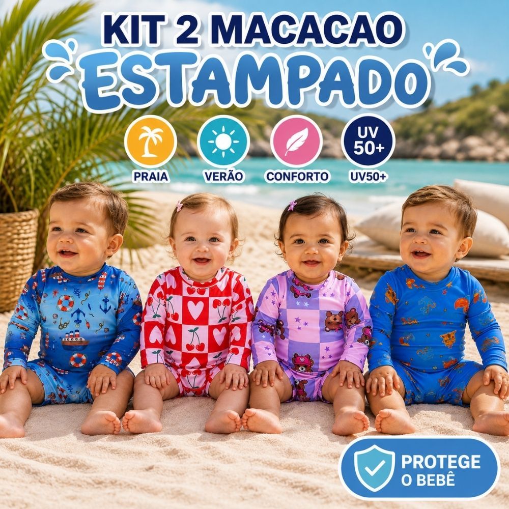 Kit 2 Macacão Estampado Proteção Solar UV50+ Infantil Praia Verão Menino/Menina Roupa de Banho