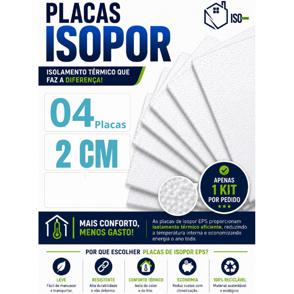 Kit 04 Placas de Isopor EPS 20mm Antichamas | Isolamento Térmico e Acústico
