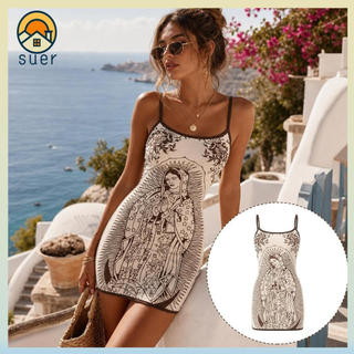 SUEBR Vestido Feminino , Bodycon Estranho Com Estampa Artística De Gato Skinny Fit Transparente De Alta Elasticidade E D