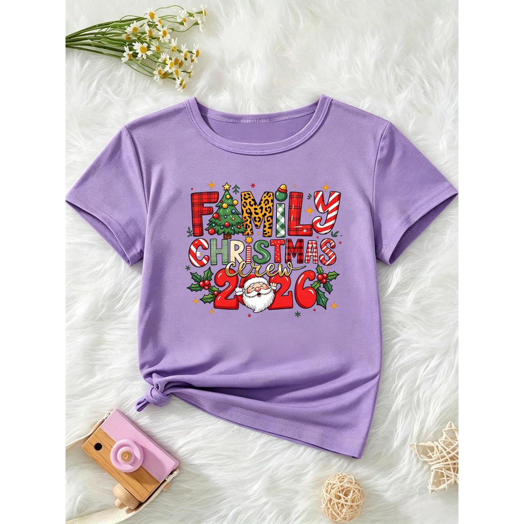Família Natal Tripulação 2026 Árvore De E Papai Noel Impresso T Camisa Meninas/Meninos Camiseta Kawaii Crianças Roupas