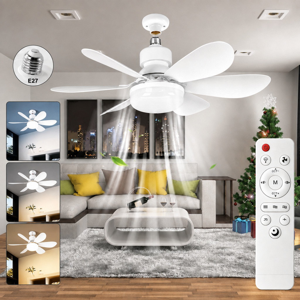 Lâmpada Ventilador 6 Pás 60w/80w De Teto,110V/220V Bivolt, E27 Com Controle Luz Ajustável Forte Silencioso 3 Cores