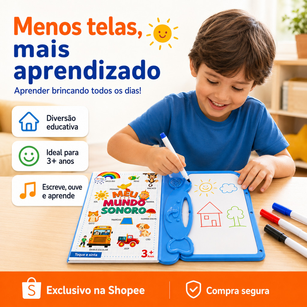 Livro Infantil Sonoro Interativo Bilíngue Português Inglês Com Lousa Mágica Apagável Canetinhas Educativo Criança 3 Anos — imagem 2 de 2