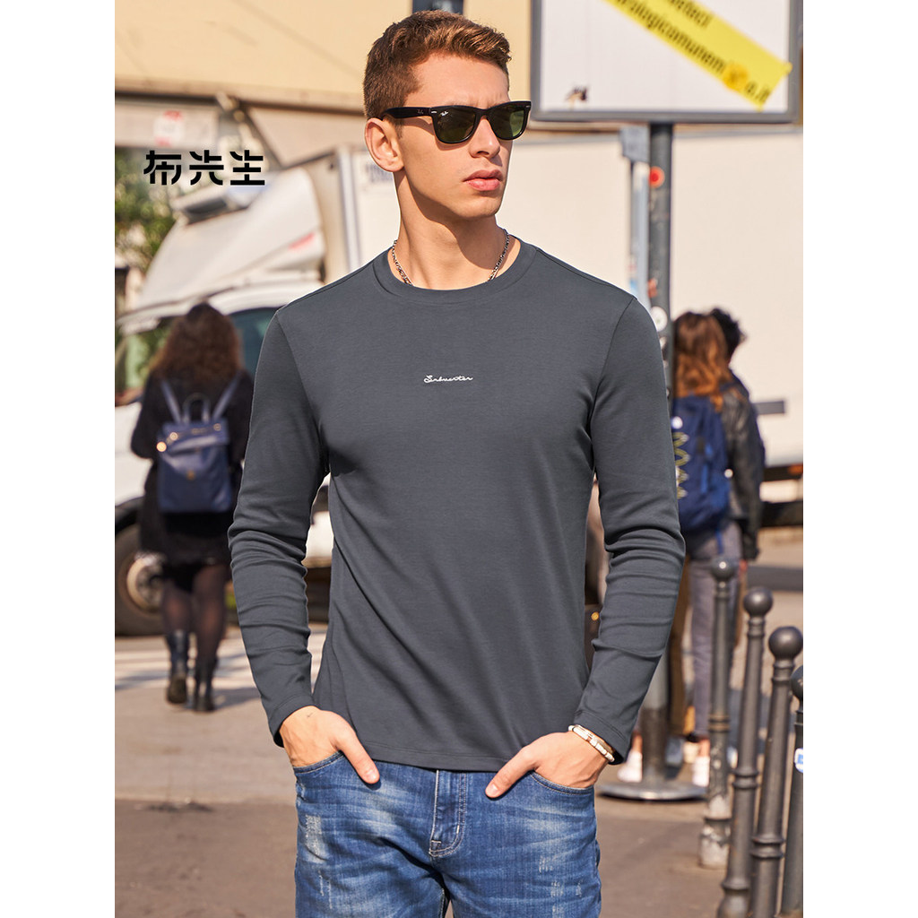 Sr. Bu Xinjiang algodão manga comprida camiseta masculina carta impressa topo puro algodão camisa de fundo roupas mascul