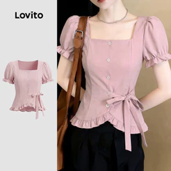 Lovito Blusa Casual com Cadarço e Babado Blusa Rosa Primavera/verão para mulheres Bordado BLB198P1D635