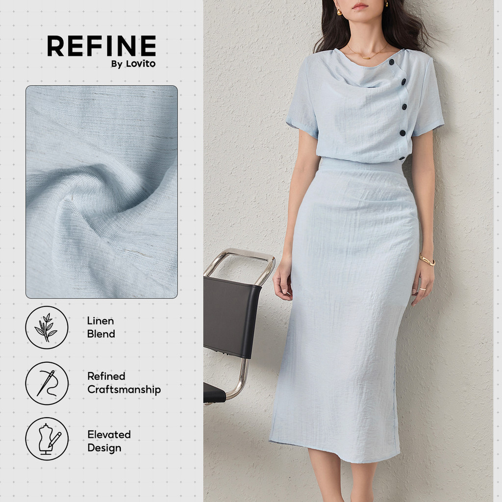 (Refine by Lovito) Vestido Social AlgodãoLinho Boa Queda Botão Frontal Azul Claro Feminino DRR42P1D040