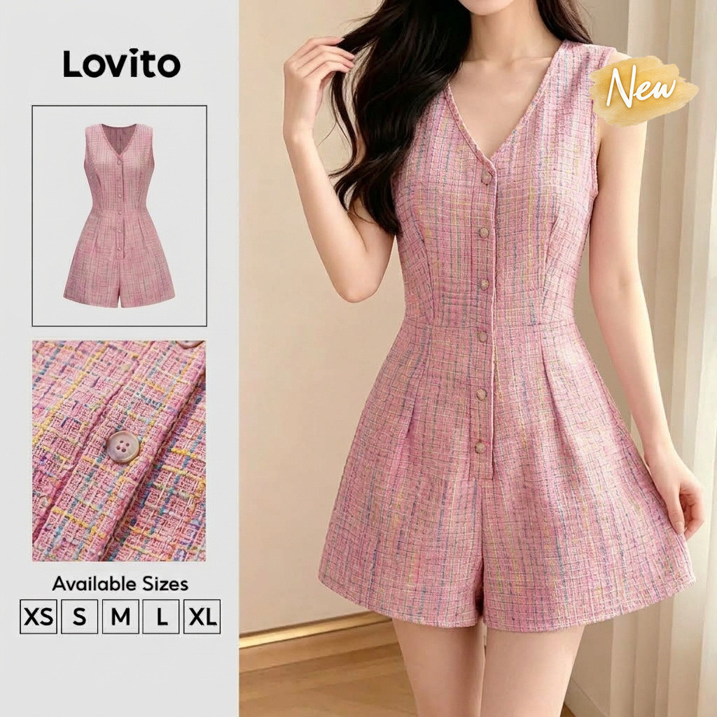 (New Arrival) Lovito Macacão Rosa Xadrez Sem Mangas Com Botões Estilo Versátil Primavera/verão Mulher JRB205P2D048