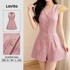 (New Arrival) Lovito Macacão Rosa Xadrez Sem Mangas Com Botões Estilo Versátil Primavera/verão Mulher JRB205P2D048
