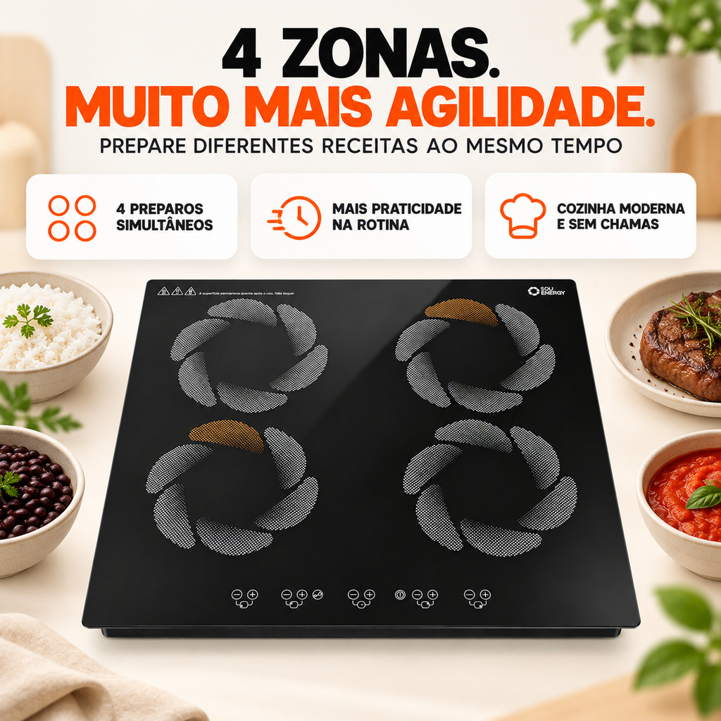 Fogão Cooktop 4 Bocas Indução Embutir 7200W Turbo Touch Sou Energy Preto 220V · foto 2
