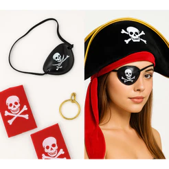 Kit Pirata 4 Pçs Chapéu Brinco Tapa Olho Bandana Halloween Carnaval