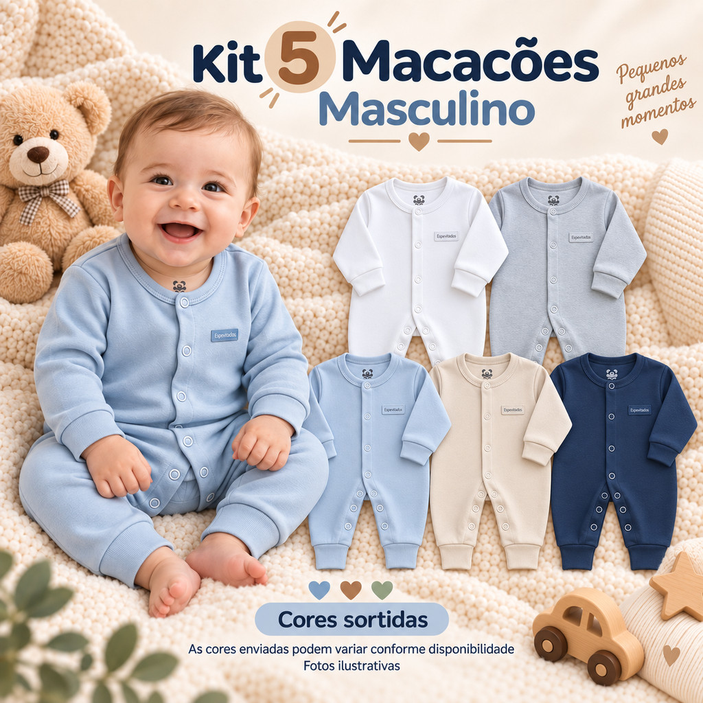 Kit 5 Macacão Bebê Liso Manga Longa Suedine 100% Algodão - Cores Sortidas - Atacado