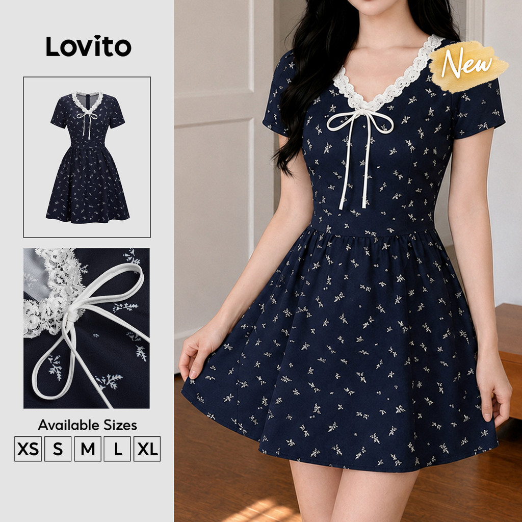 (New Arrival) Lovito Casual Vestido Curto Evase Azul Floral Miúdo Renda Primavera Verão Fim De Semana Para Mulheres Bordado DRB204P1D464