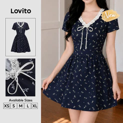 (New Arrival) Lovito Casual Vestido Curto Evase Azul Floral Miúdo Renda Primavera Verão Fim De Semana Para Mulheres Bordado DRB204P1D464