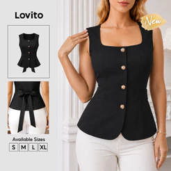 Lovito Blusa Feminina Preta Sem Mangas Gola Quadrada Botão Frontal e Amarração nas Costas Primavera Verão Casual Fim de Semana e Traje de Trabalho TKB39BR350