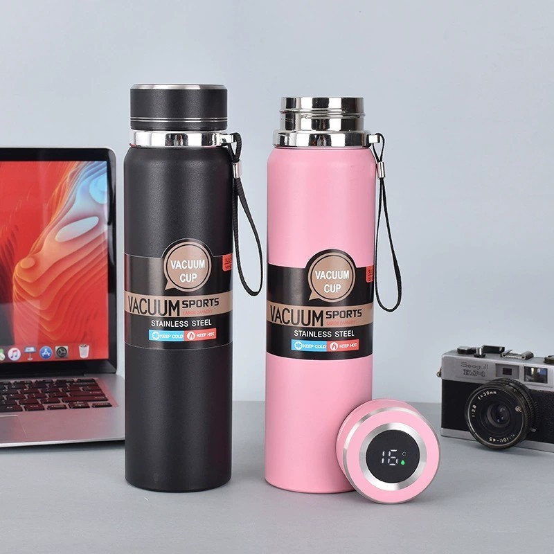 Garrafa Térmica 1L Inox com Medidor Digital de Temperatura Tampa Inteligente e Alça para Viagem