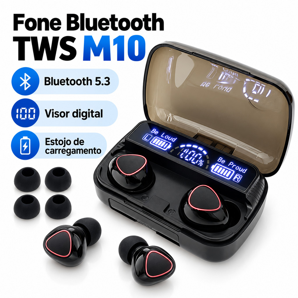 🎧 Fone De Ouvido Bluetooth Sem Fio TWS M10 Com Visor Digital, Microfone E Estojo De Carregamento