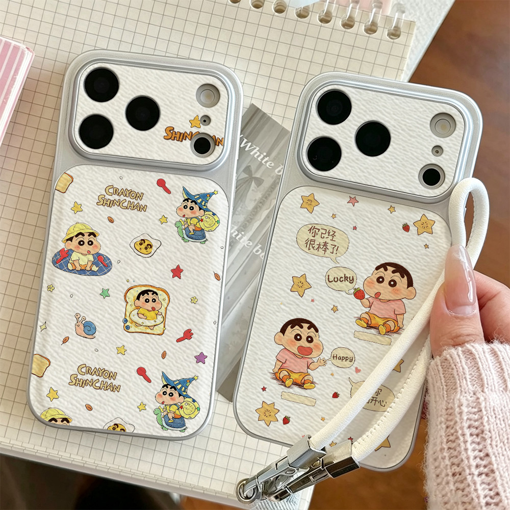 Capa De Telefone Positive Shin-chan Para iPhone 17/16/Pro Max/15Plus/14/13/12/11/Textura De Couro Revestido Metálico Cob