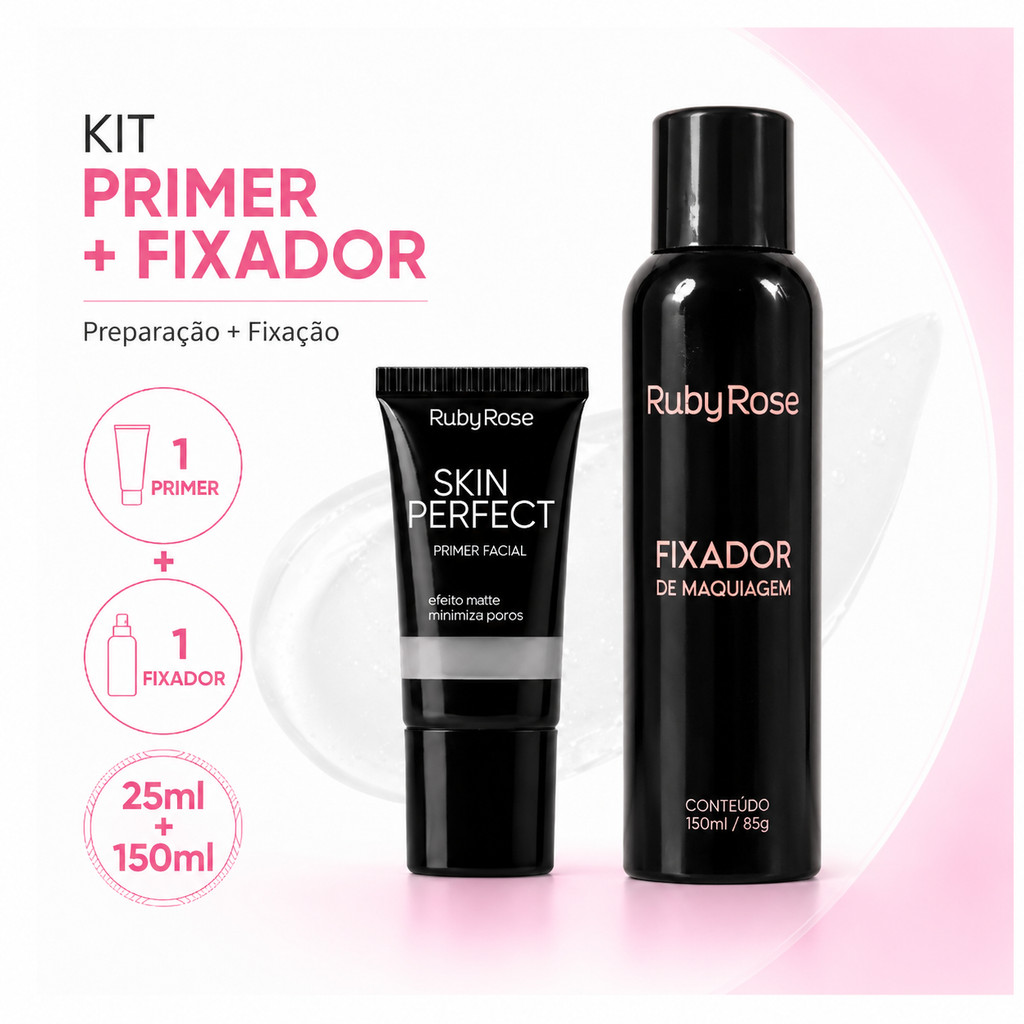 Kit Ruby Rose Primer Facial Skin Perfect 25ml + Fixador de Maquiagem 150ml