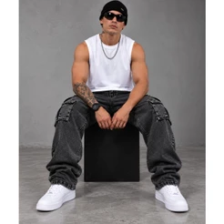 Calça Cargo Masculina Jeans Larga Baggy Boca Larga Streetwear Skatista Estonada