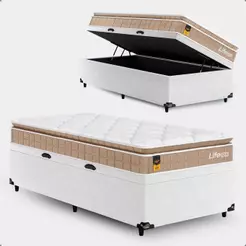 Cama Box Baú Solteiro Branco + Colchão Life D33 Pillow Top 61x88x188cm - Bege - e-Shop Casa