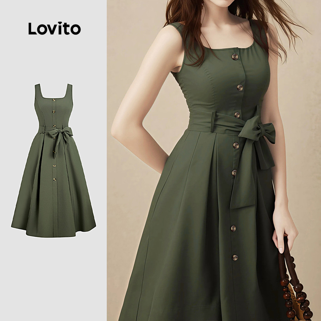 Lovito Vestido Casual de Zíper com Cinto para Primavera/verão Verde para mulheres L157LD063