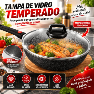 Frigideira Ceramica 24cm Wok Fundo Triplo Indutiva Gasosa Acompanha Tampa Vidro Carenagem Removivel Antiaderência
