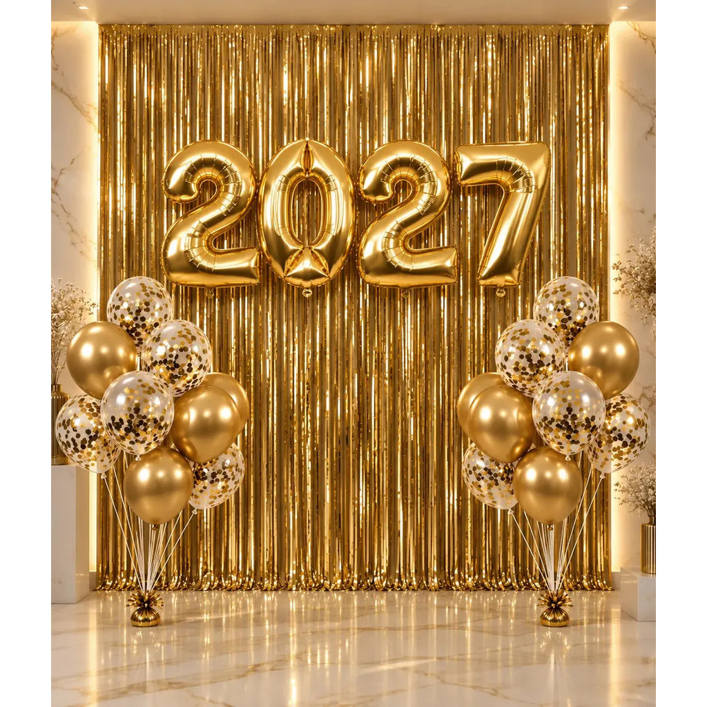 Kit Balões 2027 + Bexiga Cromado + 2 cortinas Dourado Metalizado Decoração Festa Ano Novo Réveillon Natal Personalizado
