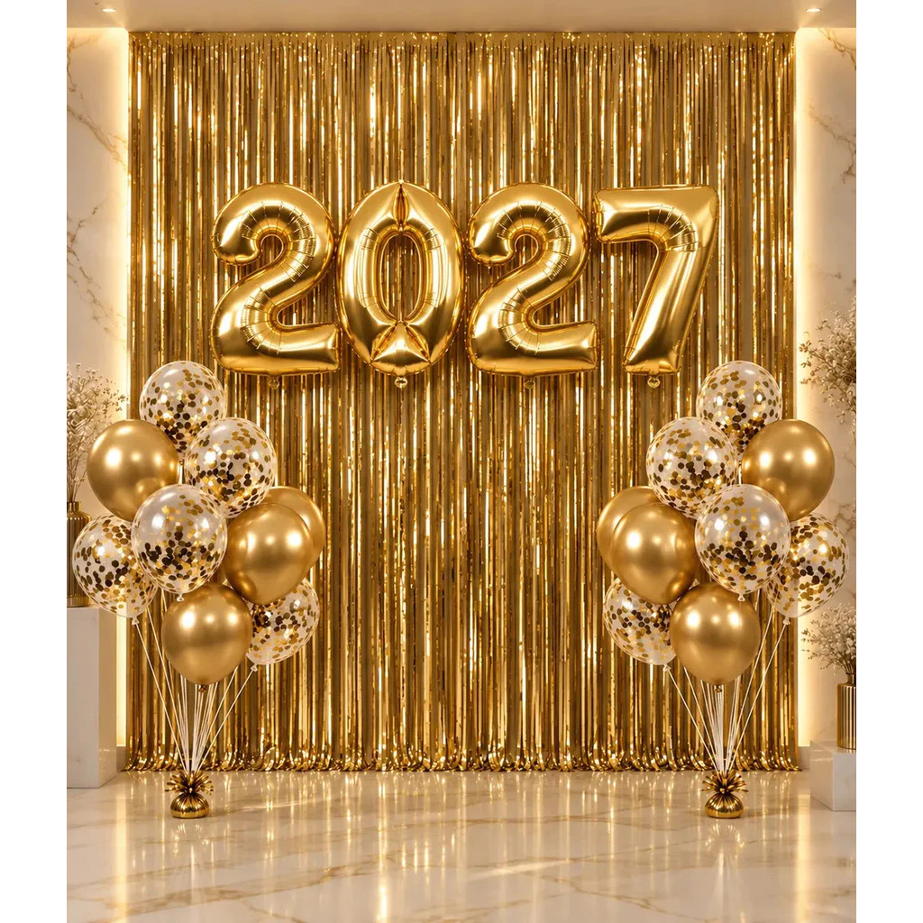 Kit Balões 2027 + Bexiga Cromado + 2 cortinas Dourado Metalizado Decoração Festa Ano Novo Réveillon Natal Personalizado — imagem 1