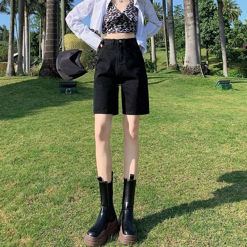 Tamanho grande Retro perna larga cinco pontos Denim Shorts feminino ins na moda All-Match verão fino novo estilo