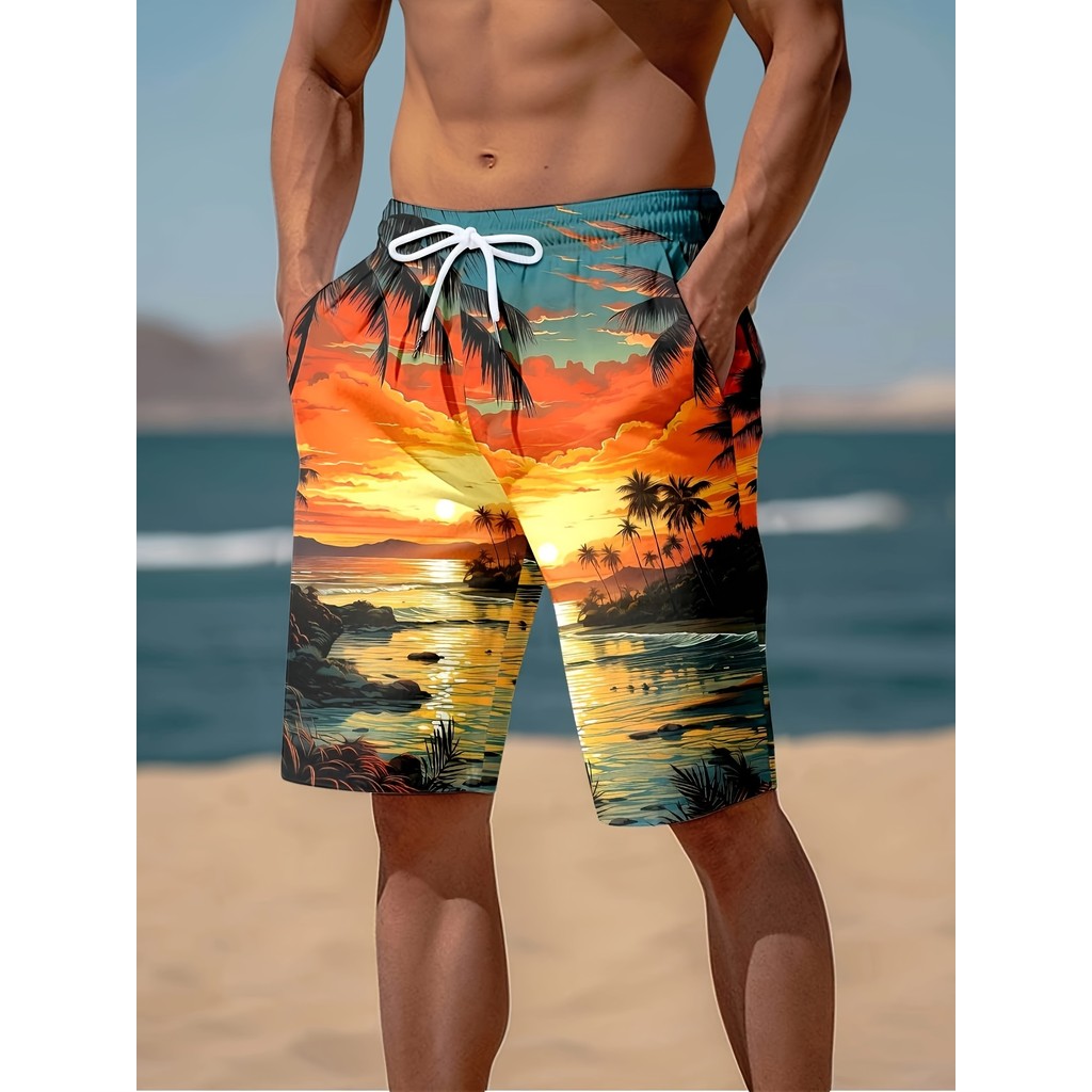 Novos esportes masculinos casual elástico cordão shorts moda único estilo havaiano praia Tropical impressão contraste co