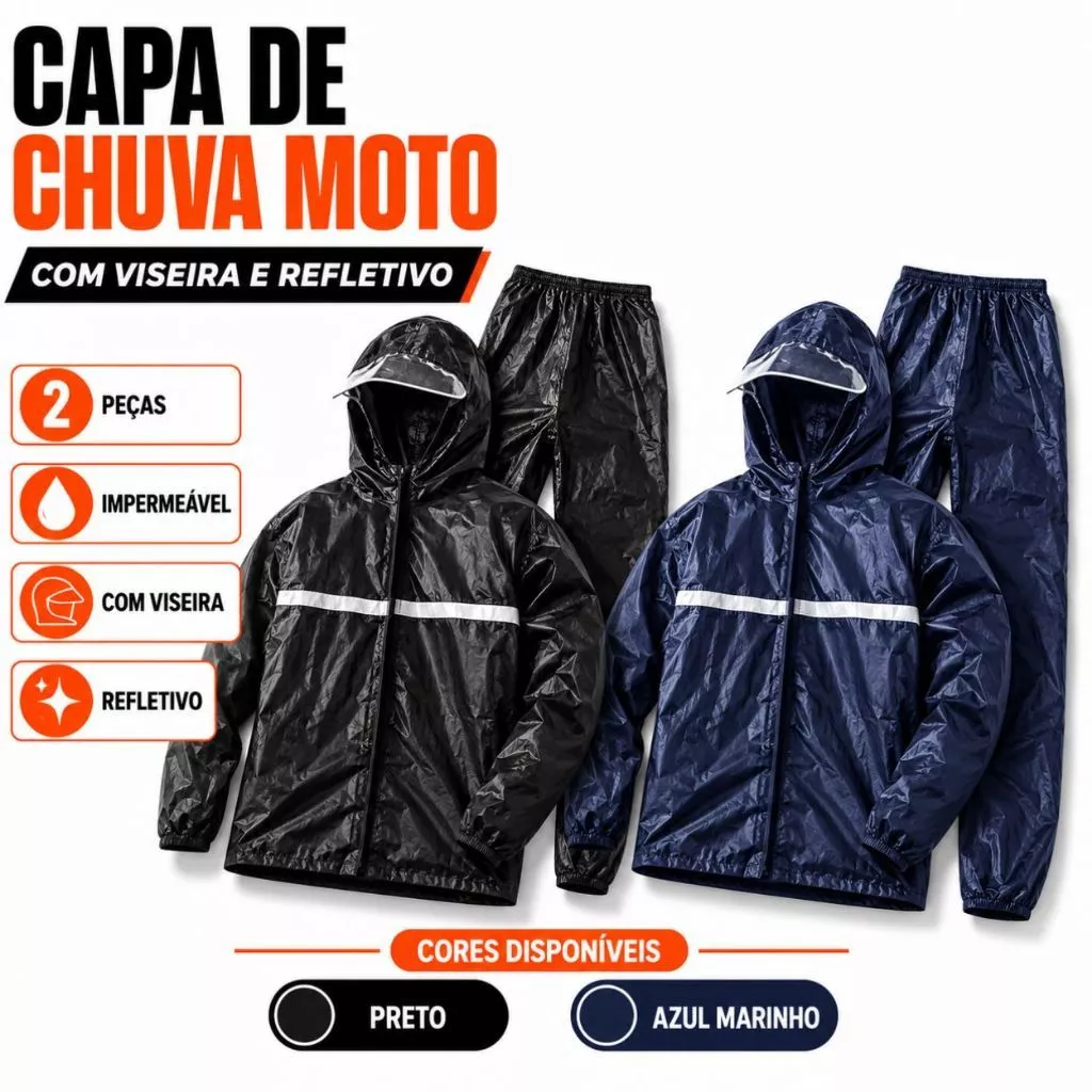 Conjunto Capa de Chuva Motoboy 2 Peças Impermeável Jaqueta e Calça com Capuz Viseira e Refletivo — imagem 1