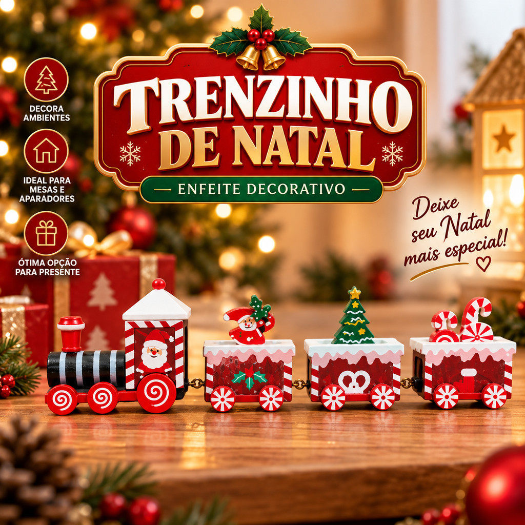 Trenzinho de Natal em Madeira Articulado Enfeite Natalino Decoração de Natal para Mesa e Presente